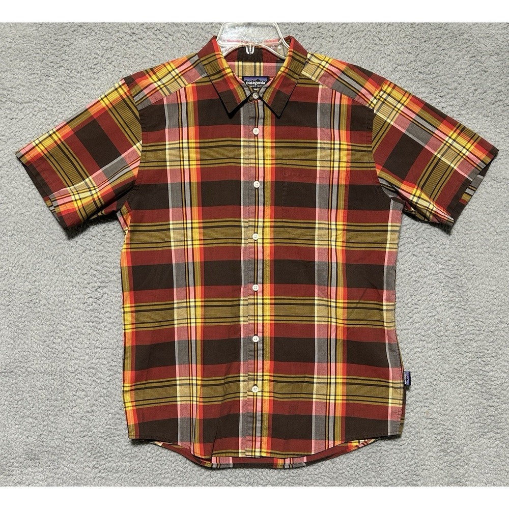 Patagonia Puckerware Short Sleeve Shirt Mens Medium Red Orange Plaid